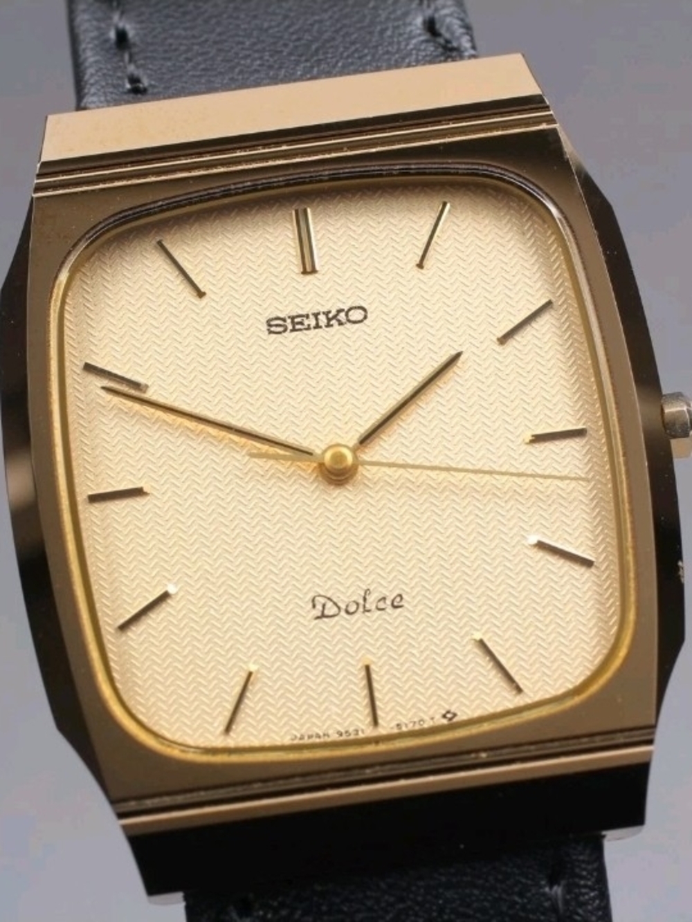 Seiko Dolce Quartz Square Gold Tungsten Case Gold Dial Black Leather Strap 28mm